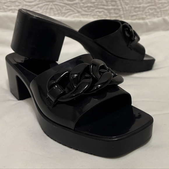 BP. Black chunky slides heels with plastic chain size 8 square toe open toe - Picture 1 of 7
